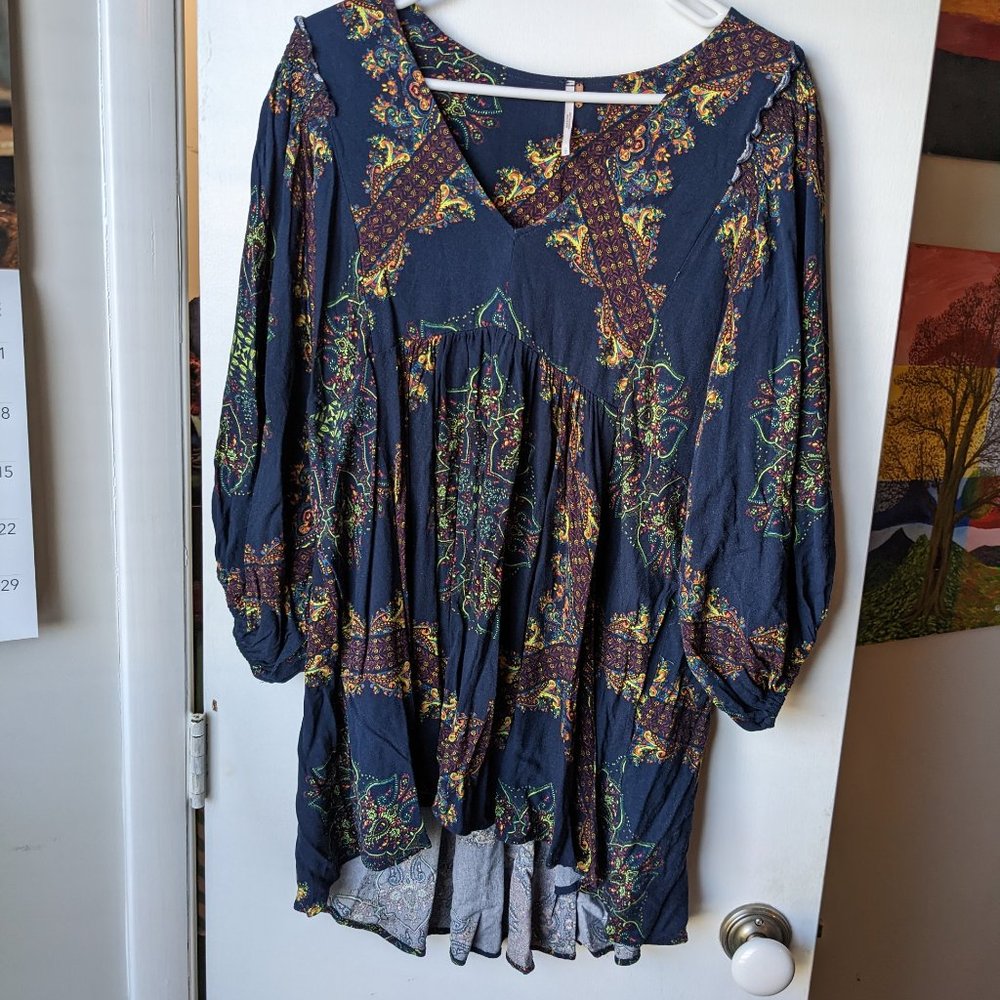 Boho Floral V-Neck Long Sleeve Women's Dress - Navy